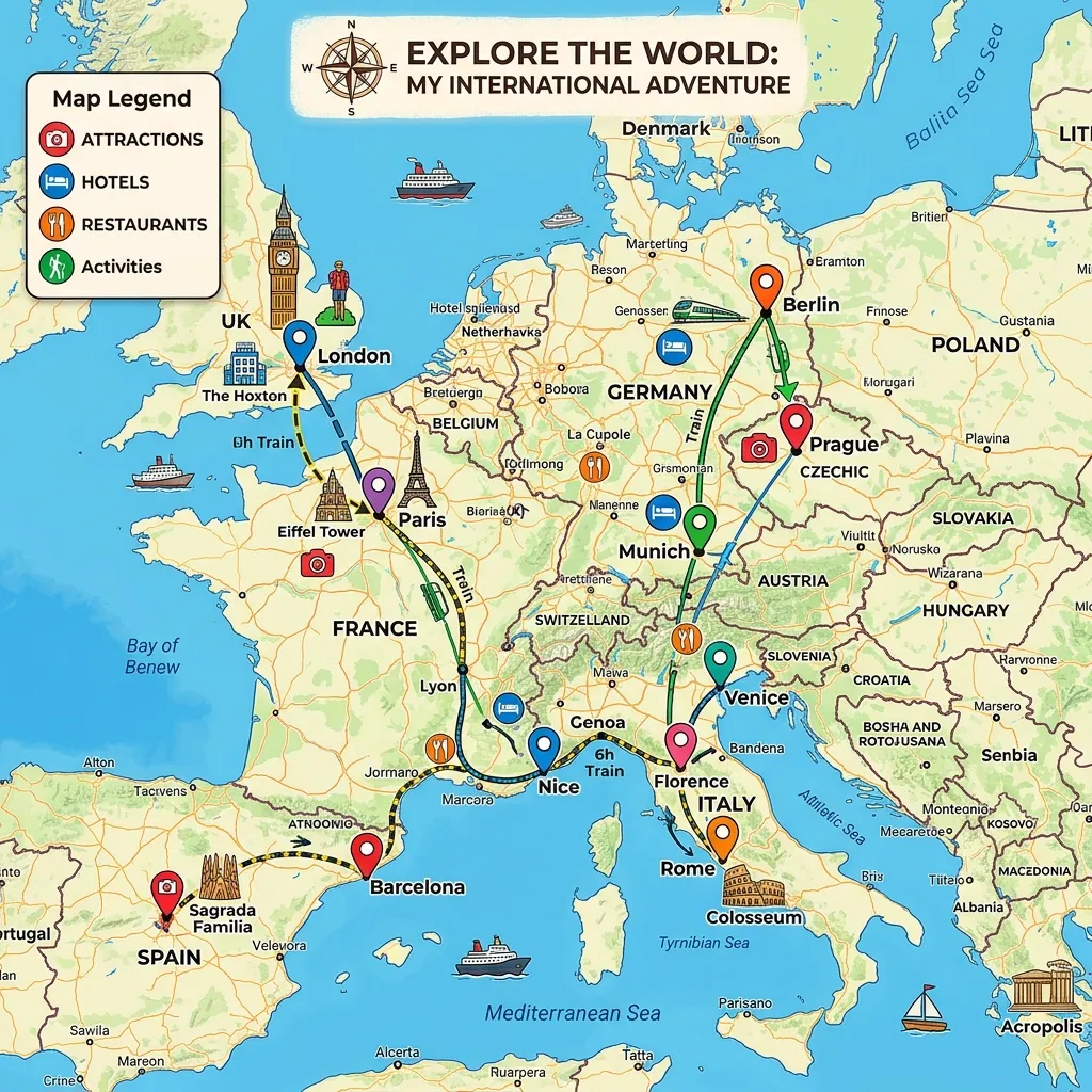 Interactive travel map showing colorful location markers, route planning, hotels, restaurants, and tourist attractions for an international trip.