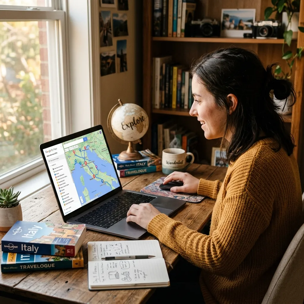 Person organizing a travel itinerary on Google My Maps with custom layers, navigation routes, and pinned vacation destinations.