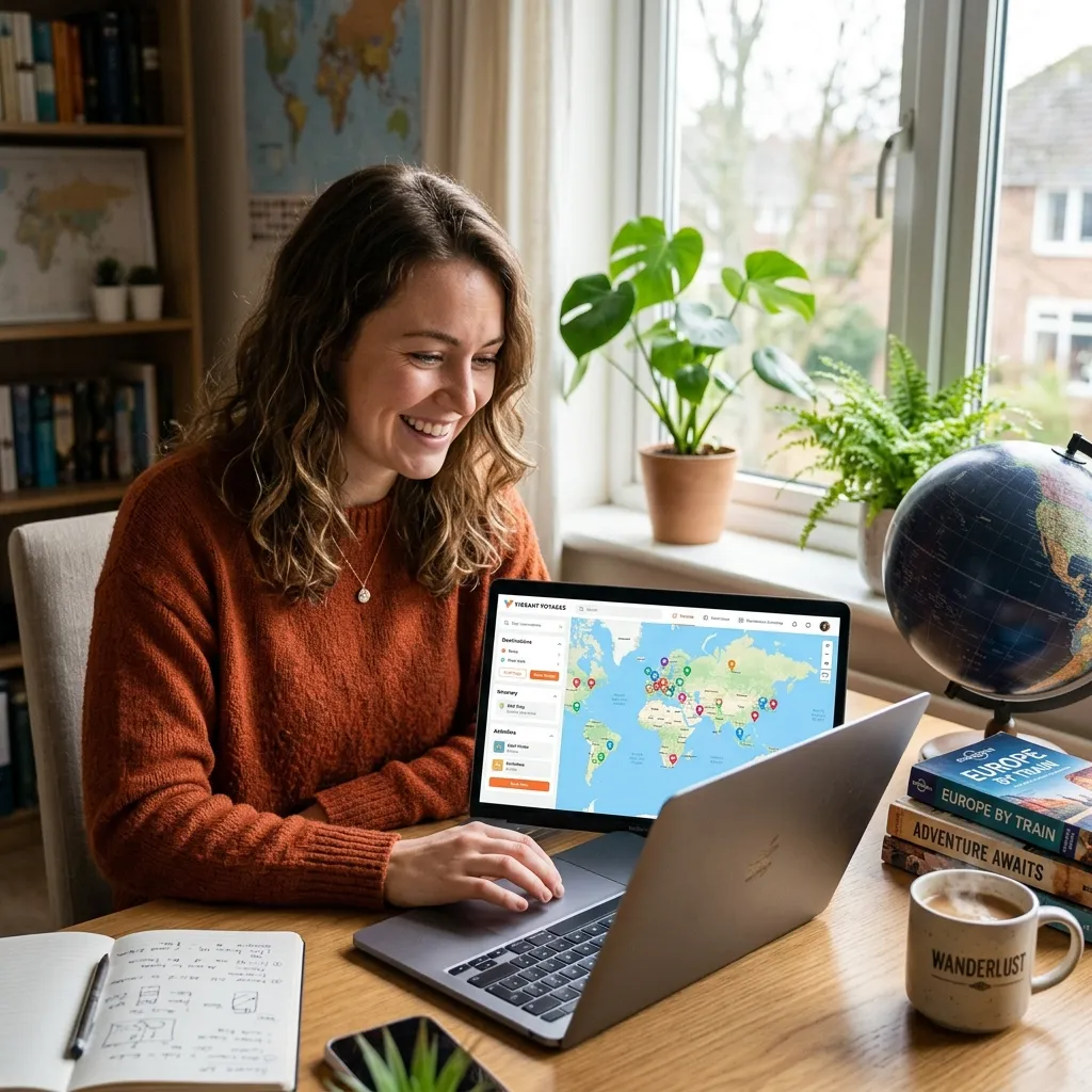 Traveler creating a custom digital travel map with destination pins, routes, and vacation planning tools on a laptop screen.